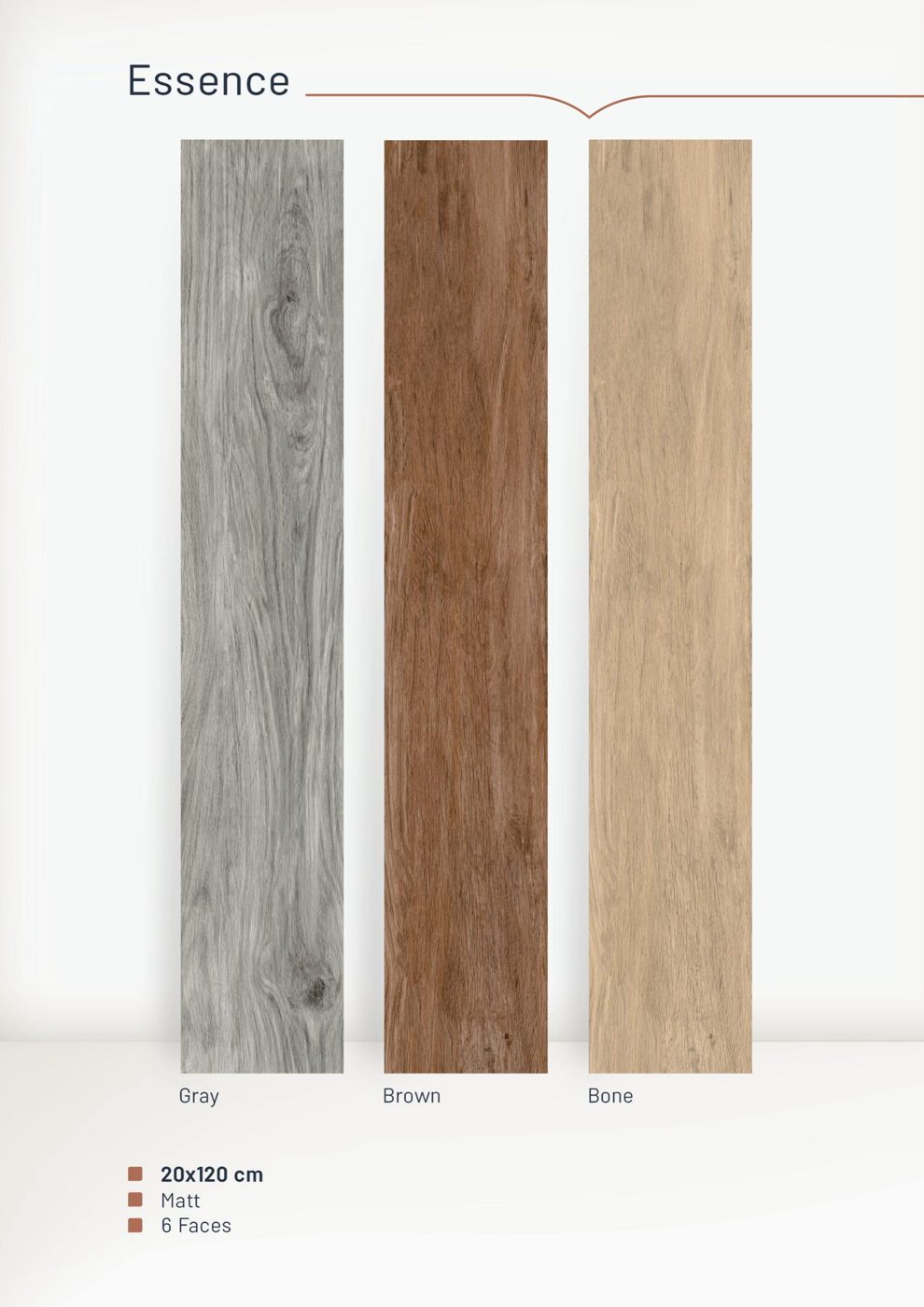 Essence 20x120 tiles in gray, brown and bone