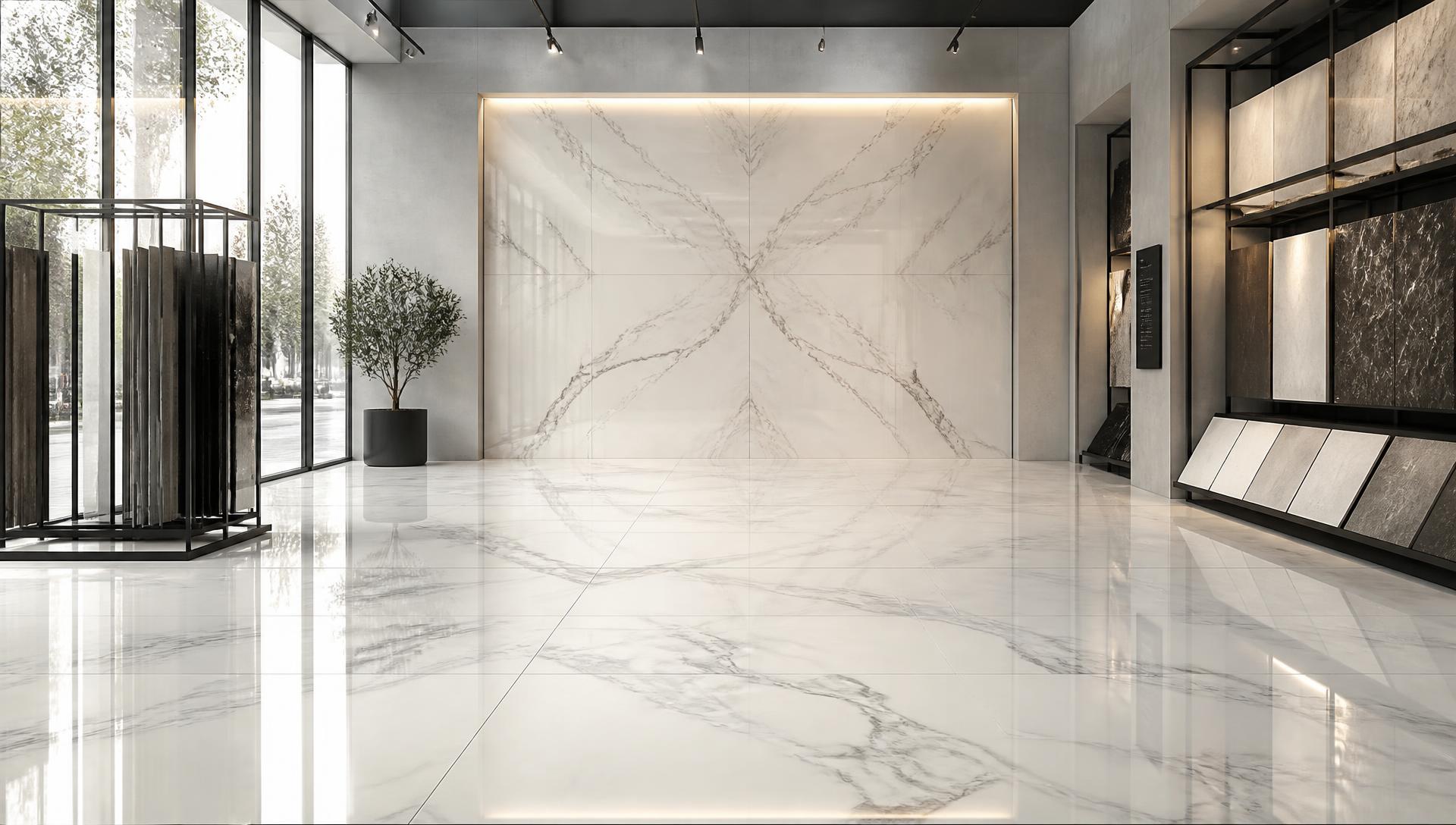 Tile showroom with large-format porcelain surfaces on display